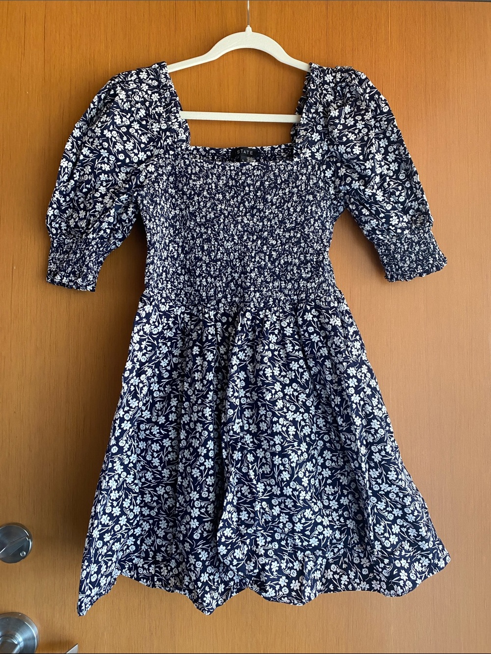 STATE Navy and White Floral Smocked Dress